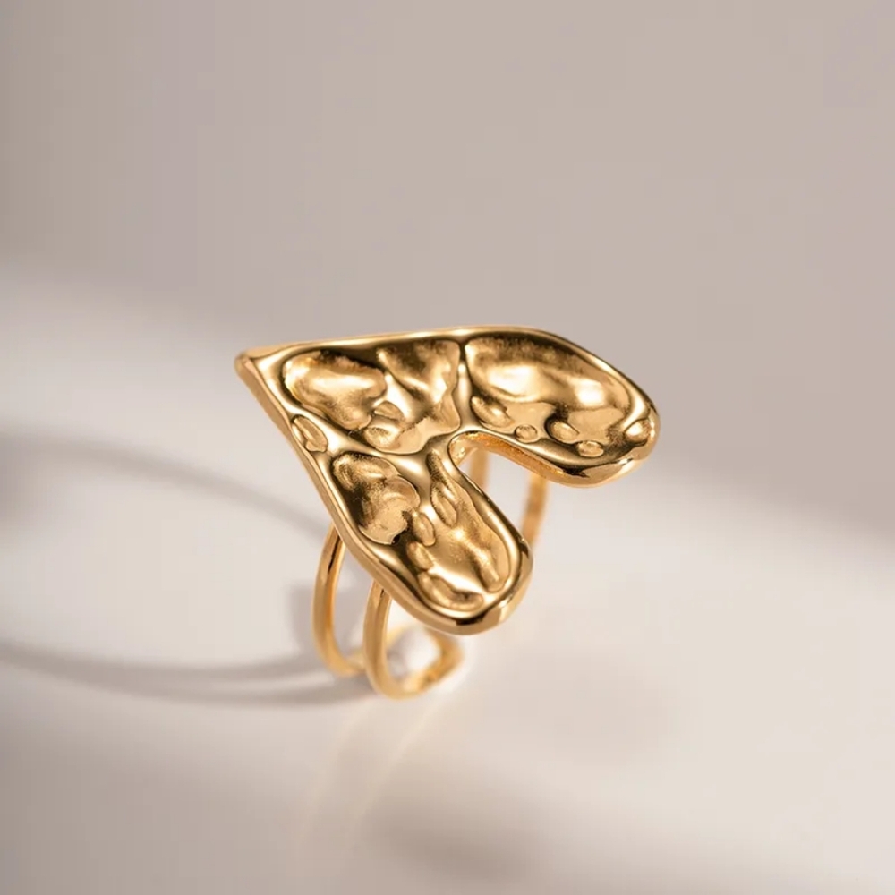 Adjustable Stainless Steel Open Rings, Modern Design with textured heart design. - Picture 4 of 8